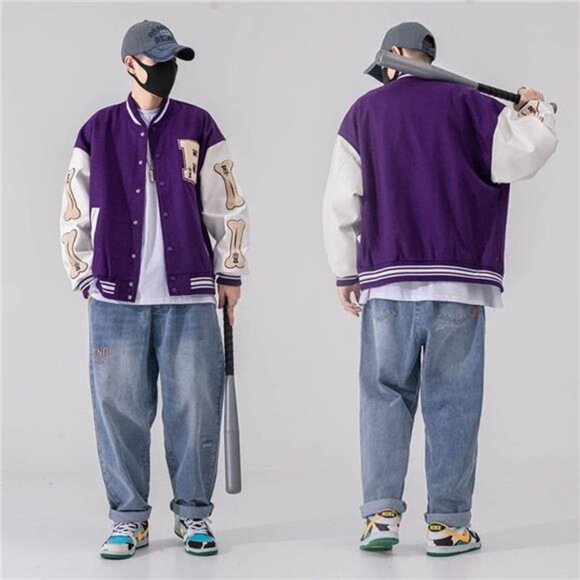 Men's Varsity College Bomber Jacket Vintage, Purple B - Picture 2 of 5